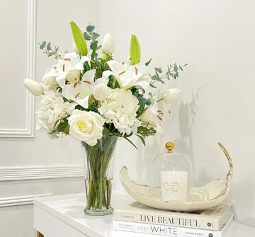 Large Elegant White Lilies Centerpiece In Tall Glass Vase